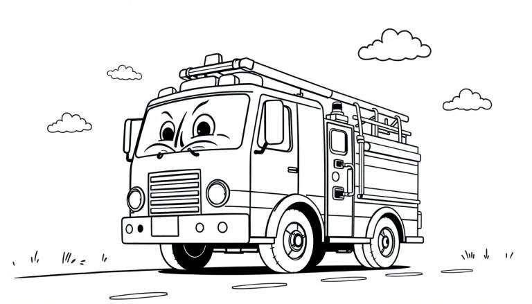 Camión de bomberos amigable para colorear con una placa de color