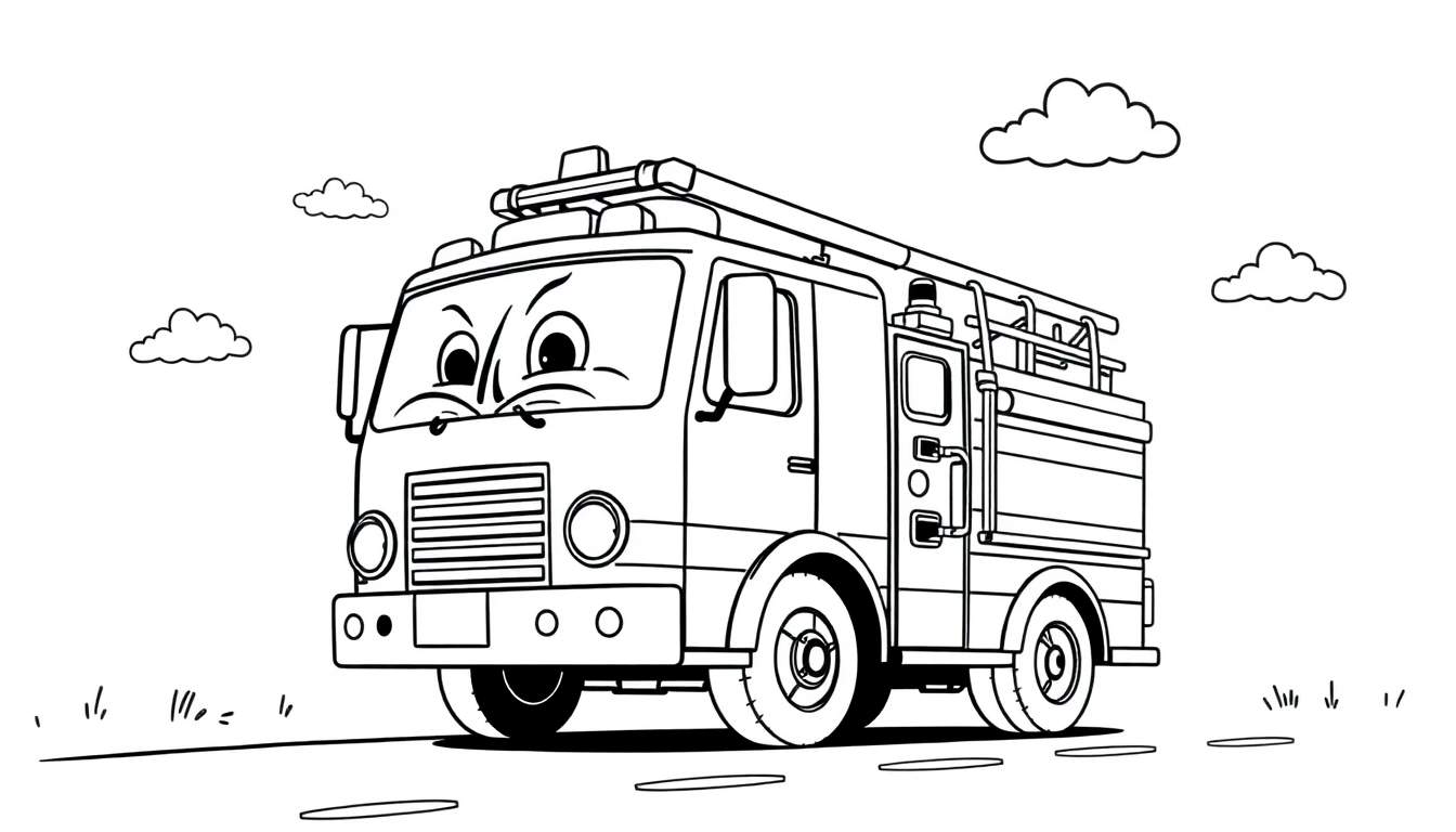 Camión de bomberos amigable para colorear con una placa de color