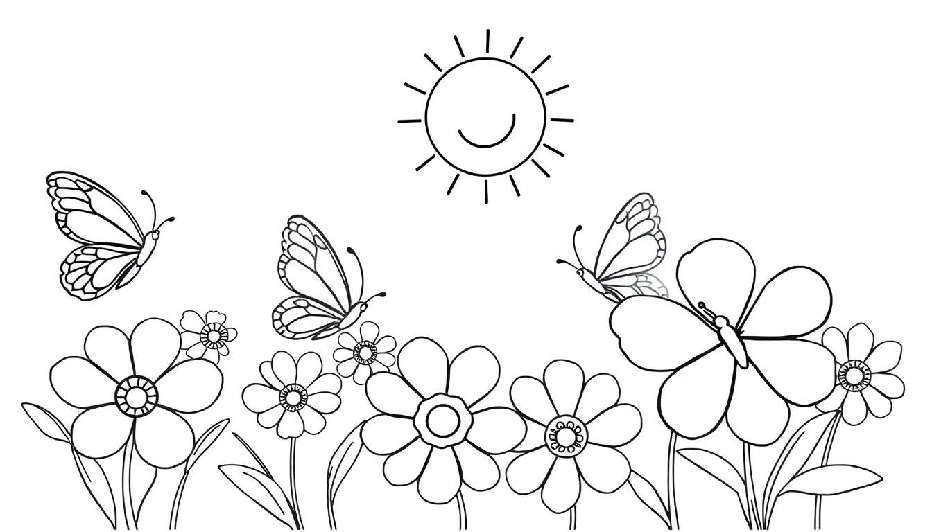 Placa de color de primavera con un sol sonriente, flores y mariposas para colorear.