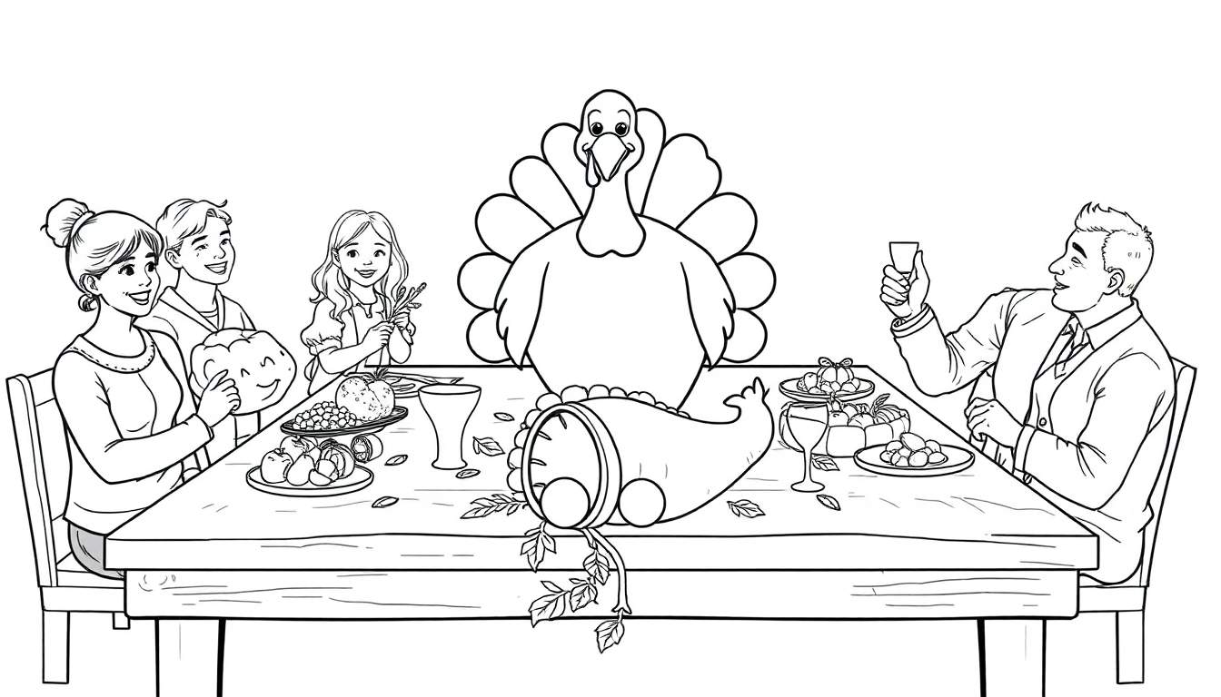 Página para colorear de una familia celebrando el Día de Acción de Gracias con un pavo y comida en una mesa, lista para colorear. La placa de color incluye el pavo y la familia.