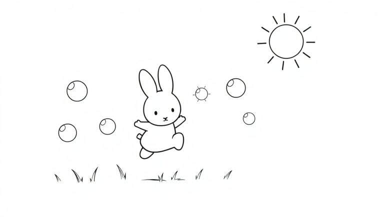 Placa de color de Miffy jugando con burbujas bajo un sol sonriente.