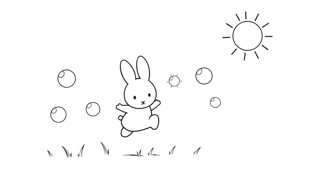 Placa de color de Miffy jugando con burbujas bajo un sol sonriente.