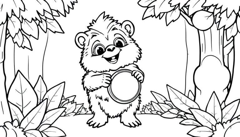 Placa de color de un oso de peluche sonriente en el bosque.