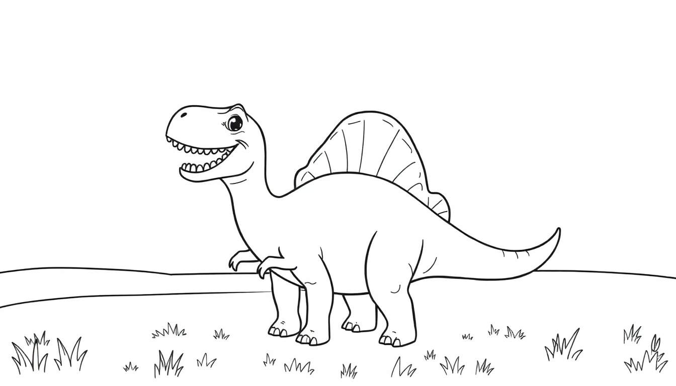 Placa de color de un Spinosaurus sonriendo y saludando.