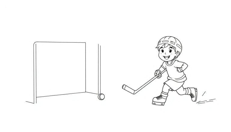 Un niño jugando al hockey en una placa de color.