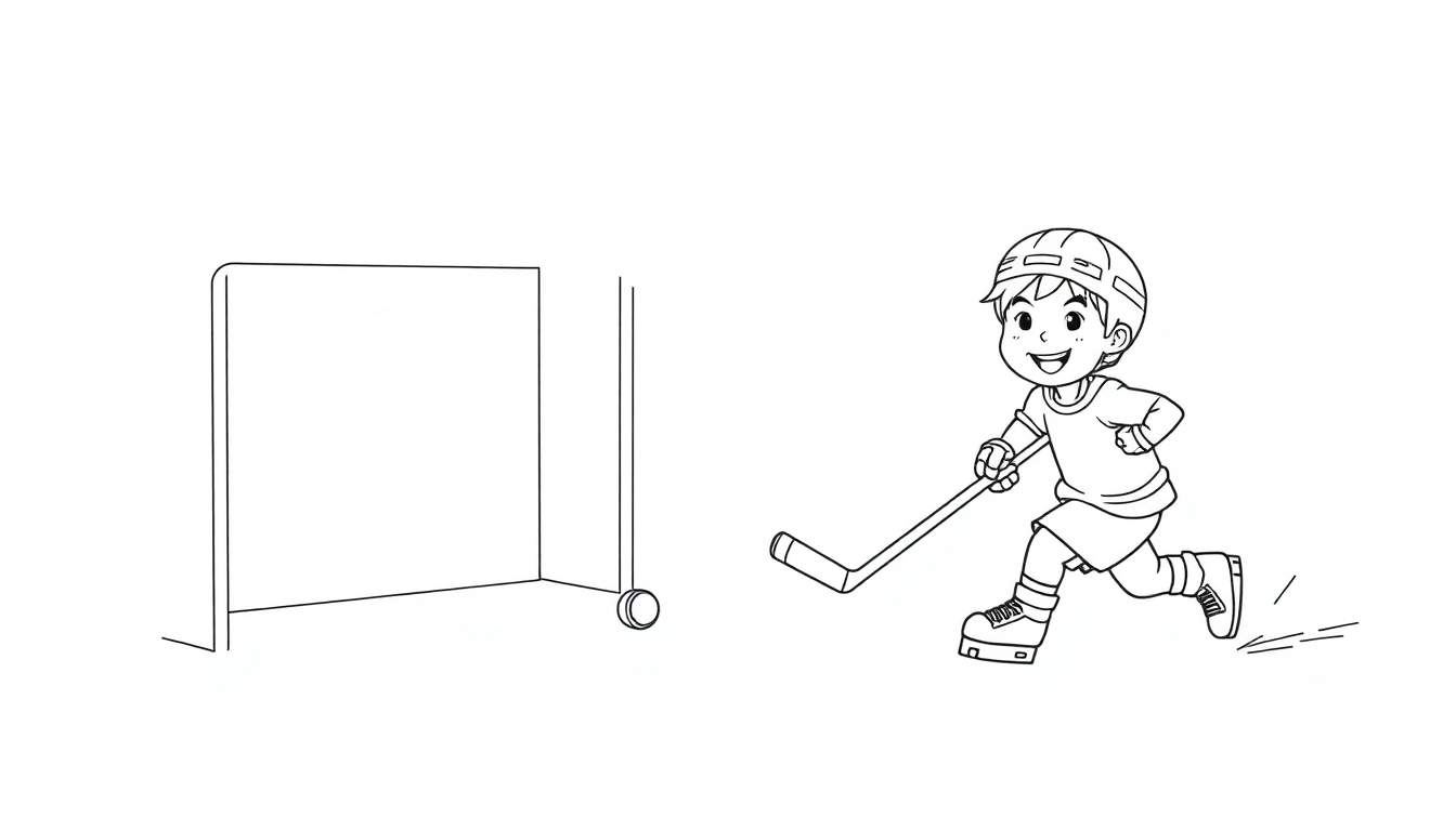 Un niño jugando al hockey en una placa de color.