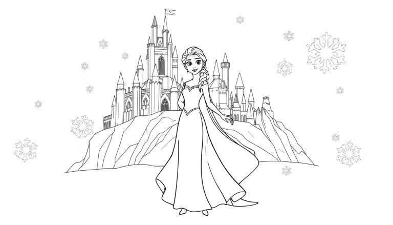 Una placa de color para colorear de la Reina Elsa con su castillo de hielo y copos de nieve.