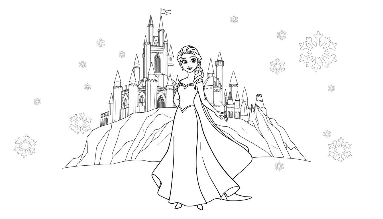 Una placa de color para colorear de la Reina Elsa con su castillo de hielo y copos de nieve.