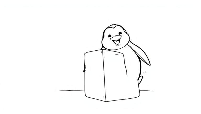 Un pingüino feliz empujando un bloque de hielo en una placa de color.