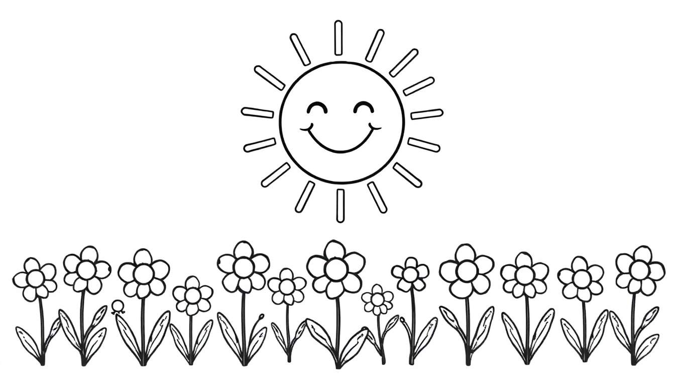 Placa de color de un sol sonriente sobre un campo de flores.