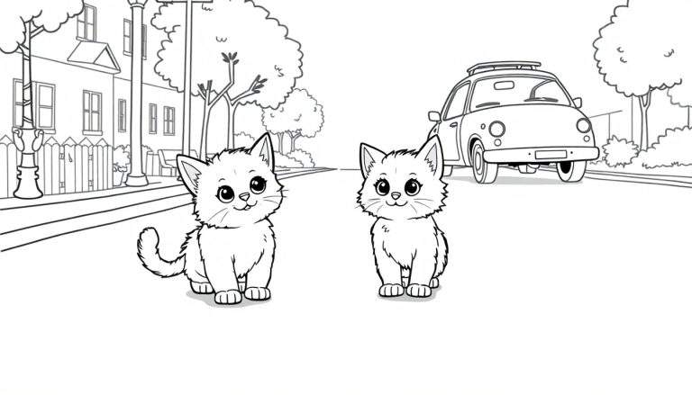 Una placa de color en blanco y negro de dos gatitos adorables y un coche antiguo.