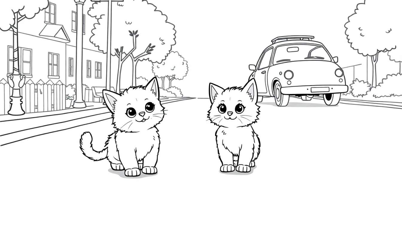 Una placa de color en blanco y negro de dos gatitos adorables y un coche antiguo.