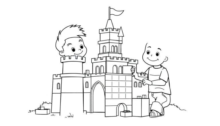 Placa de color: Un niño construye un castillo épico de Lego.