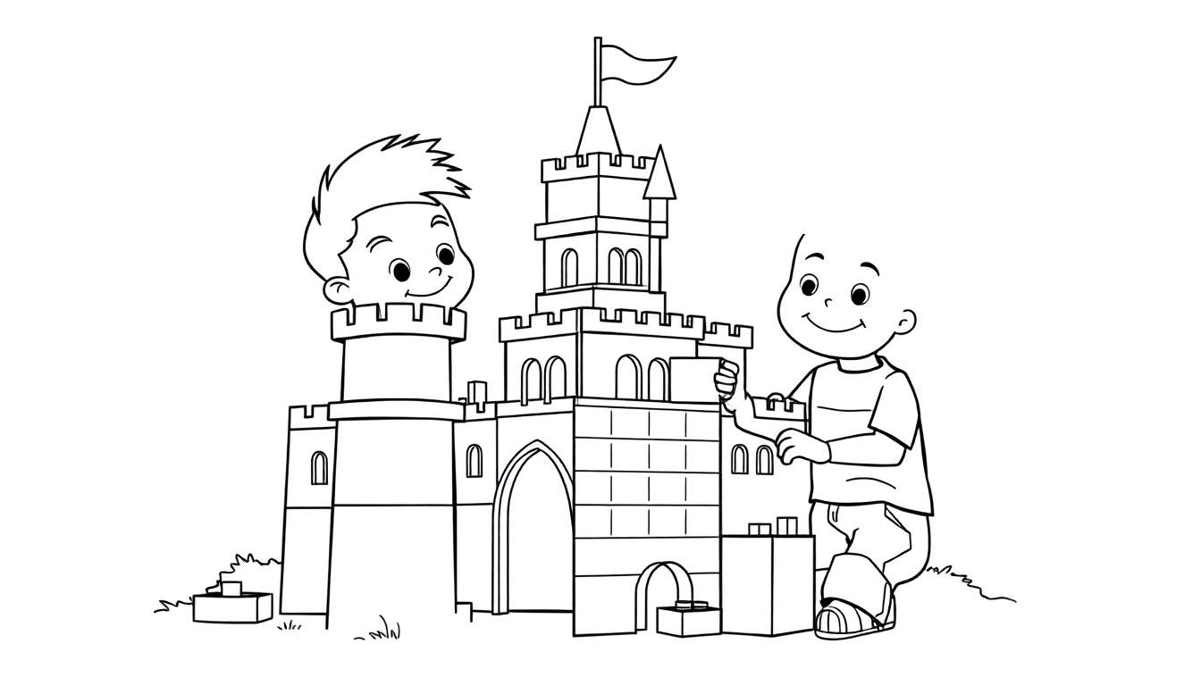 Placa de color: Un niño construye un castillo épico de Lego.