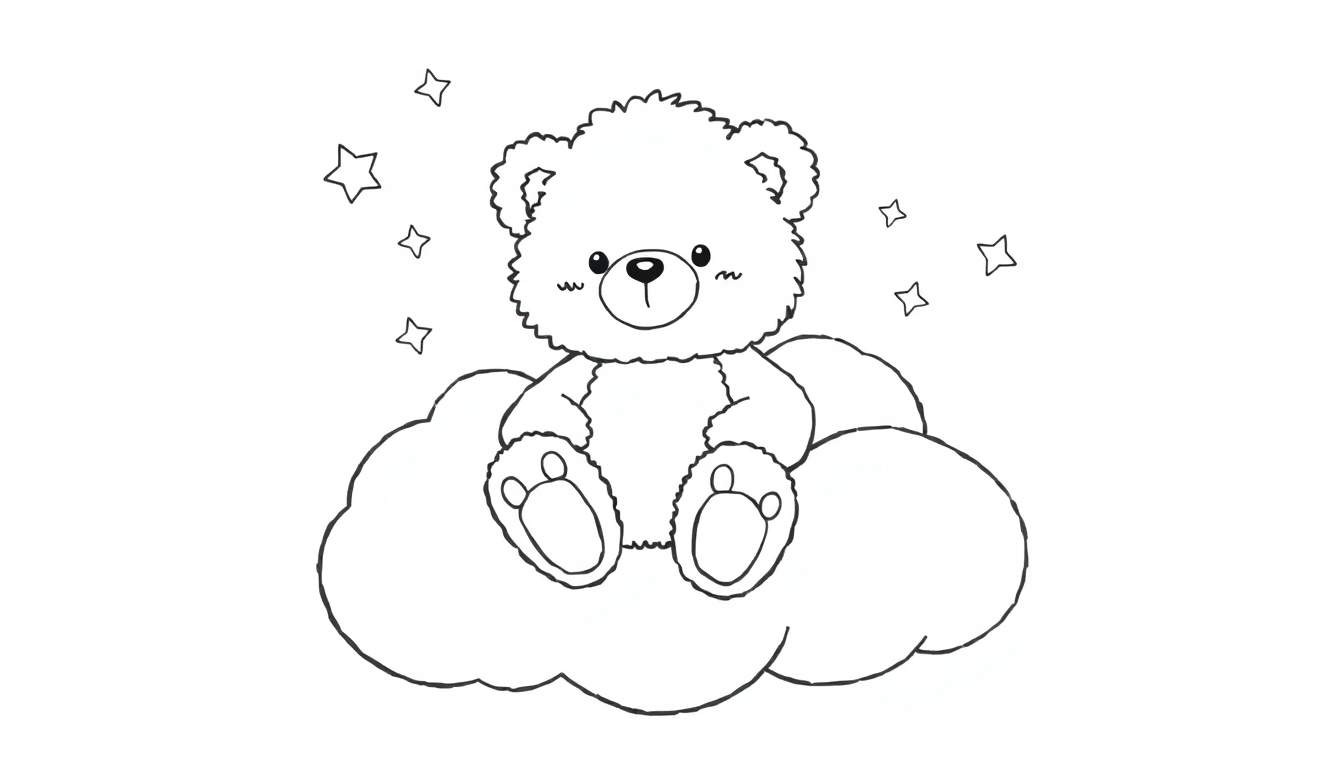 Placa de color de un osito de peluche en una nube.