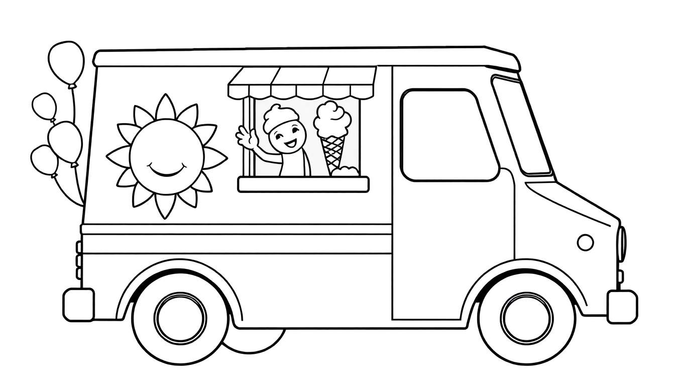 Página para colorear de un camión de helados amigable con un vendedor saludando, un sol sonriente y globos, listo para la placa de color.