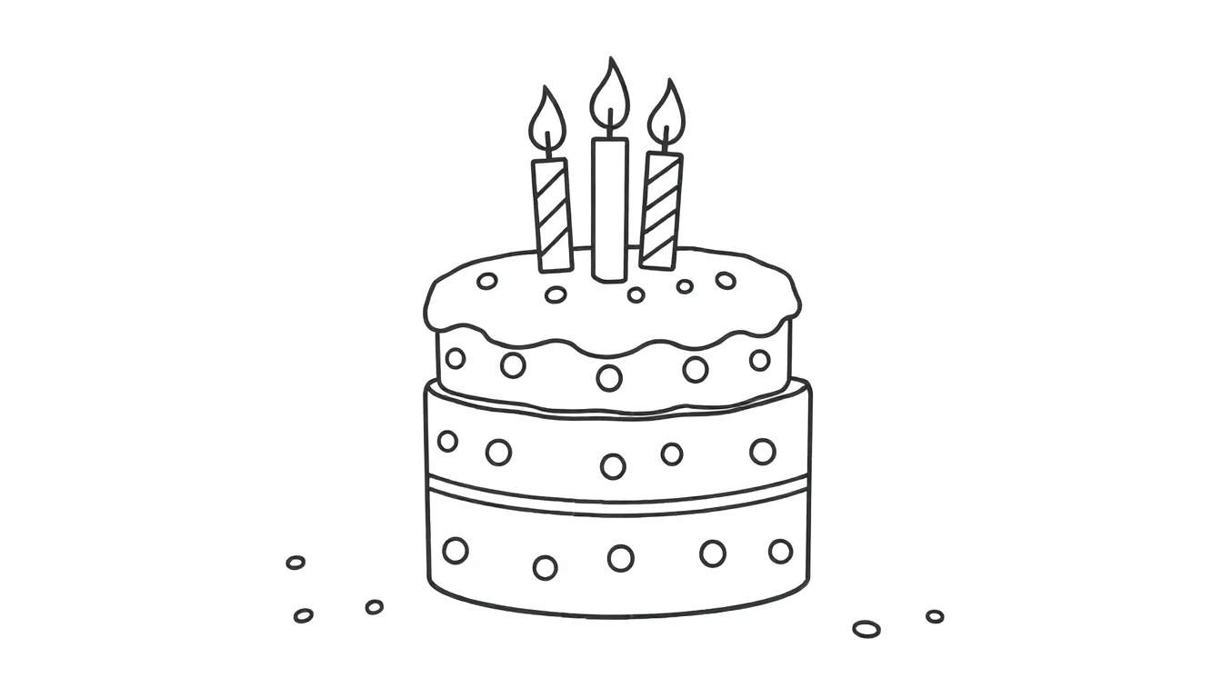 Una placa de color de un pastel de cumpleaños de tres pisos con tres velas encendidas.