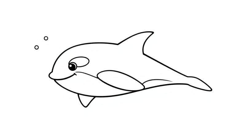 Placa de color de una orca amigable nadando, página para colorear para niños.