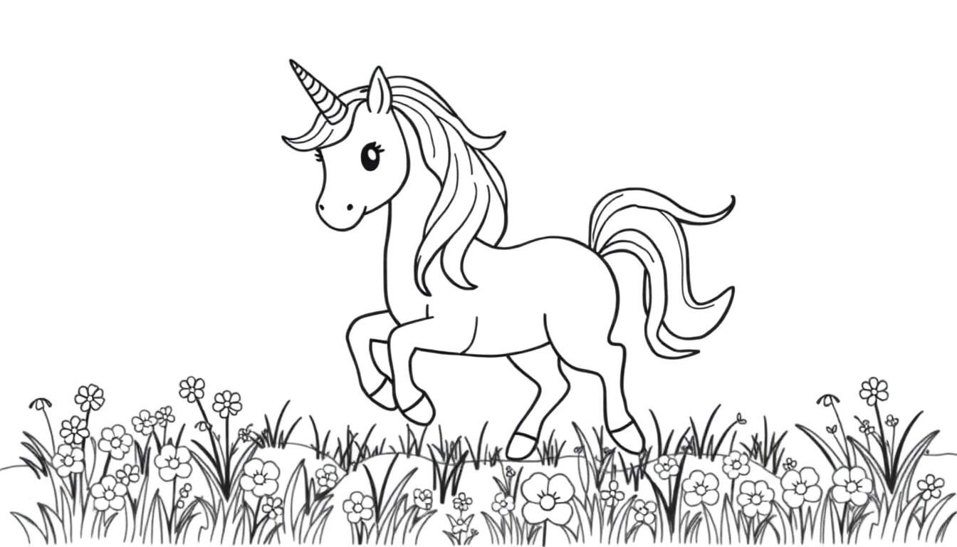 Unicornio para colorear con melena de arcoíris en un campo de flores.