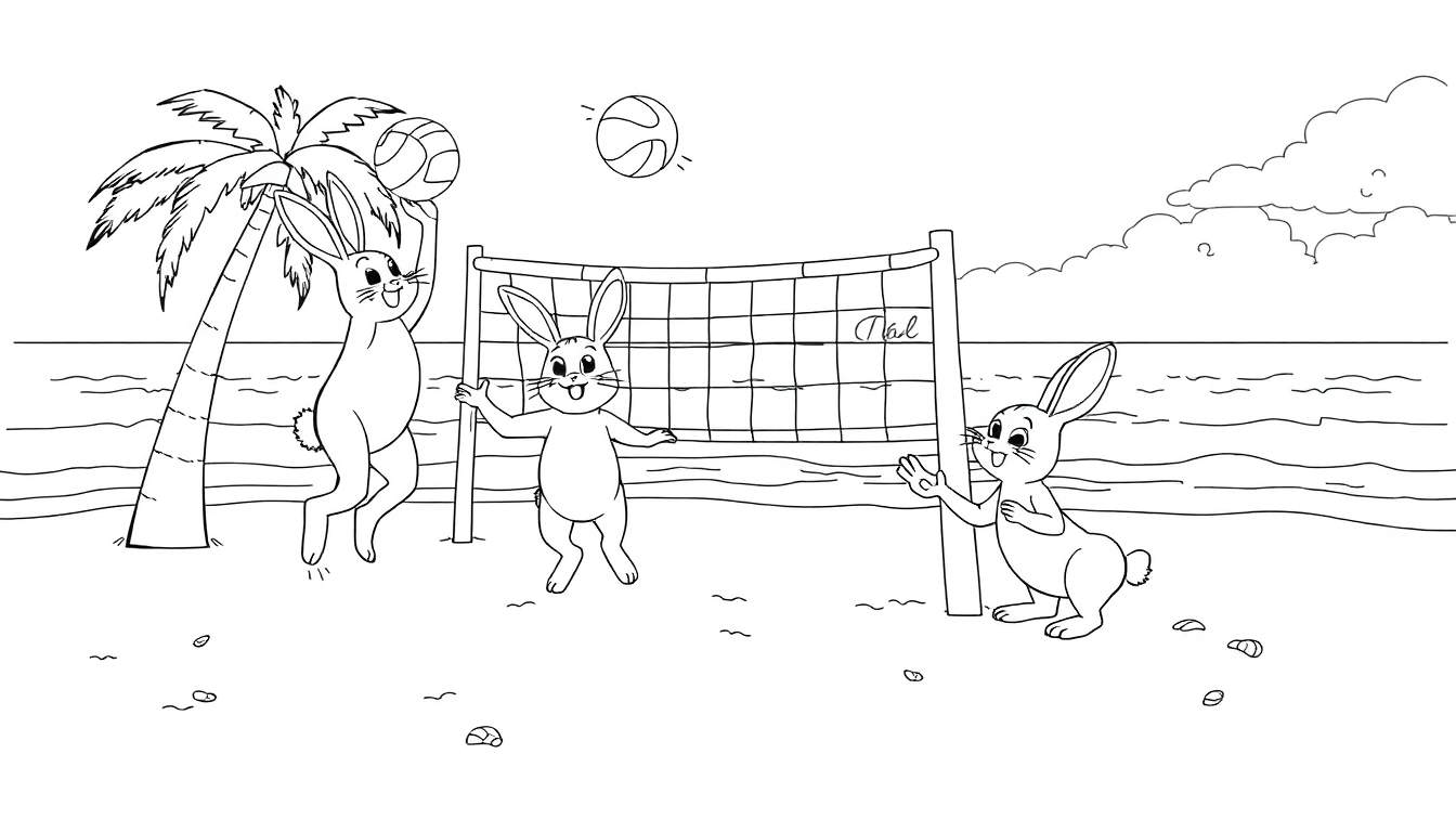Tres conejos jugando voleibol en una playa, con la placa de color en blanco y negro para colorear.
