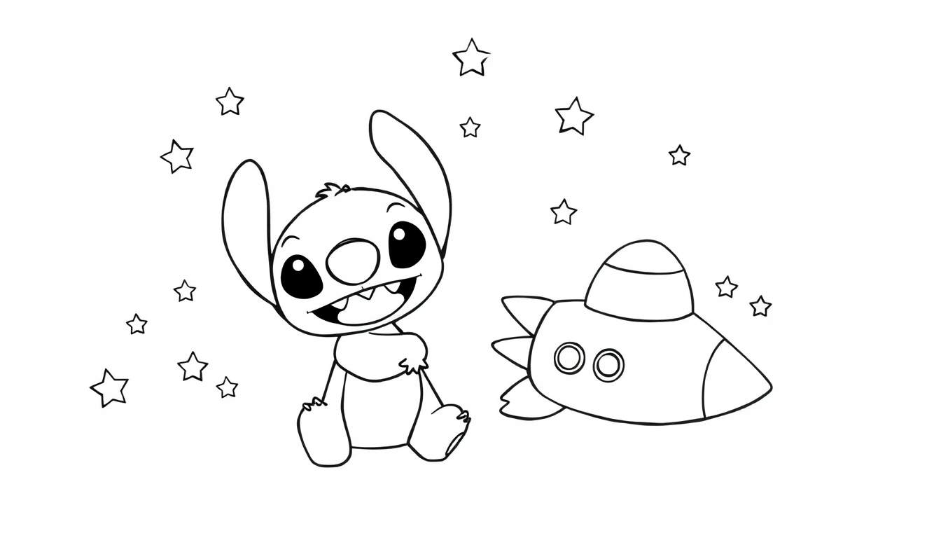 Stitch de Lilo y Stitch junto a una nave espacial con estrellas, listo para una placa de color.