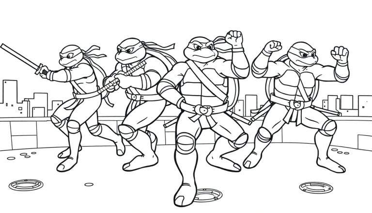 Las Tortugas Ninja Adolescentes Mutantes listas para la acción en una azotea, con Leo al frente y Raph en el centro. Una placa de color para un dibujo para colorear.