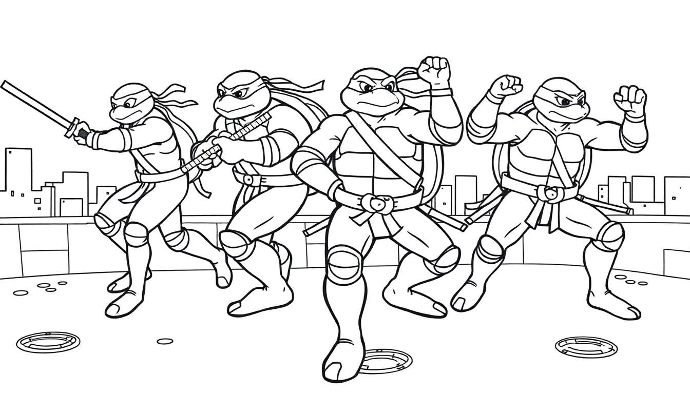 Las Tortugas Ninja Adolescentes Mutantes listas para la acción en una azotea, con Leo al frente y Raph en el centro. Una placa de color para un dibujo para colorear.