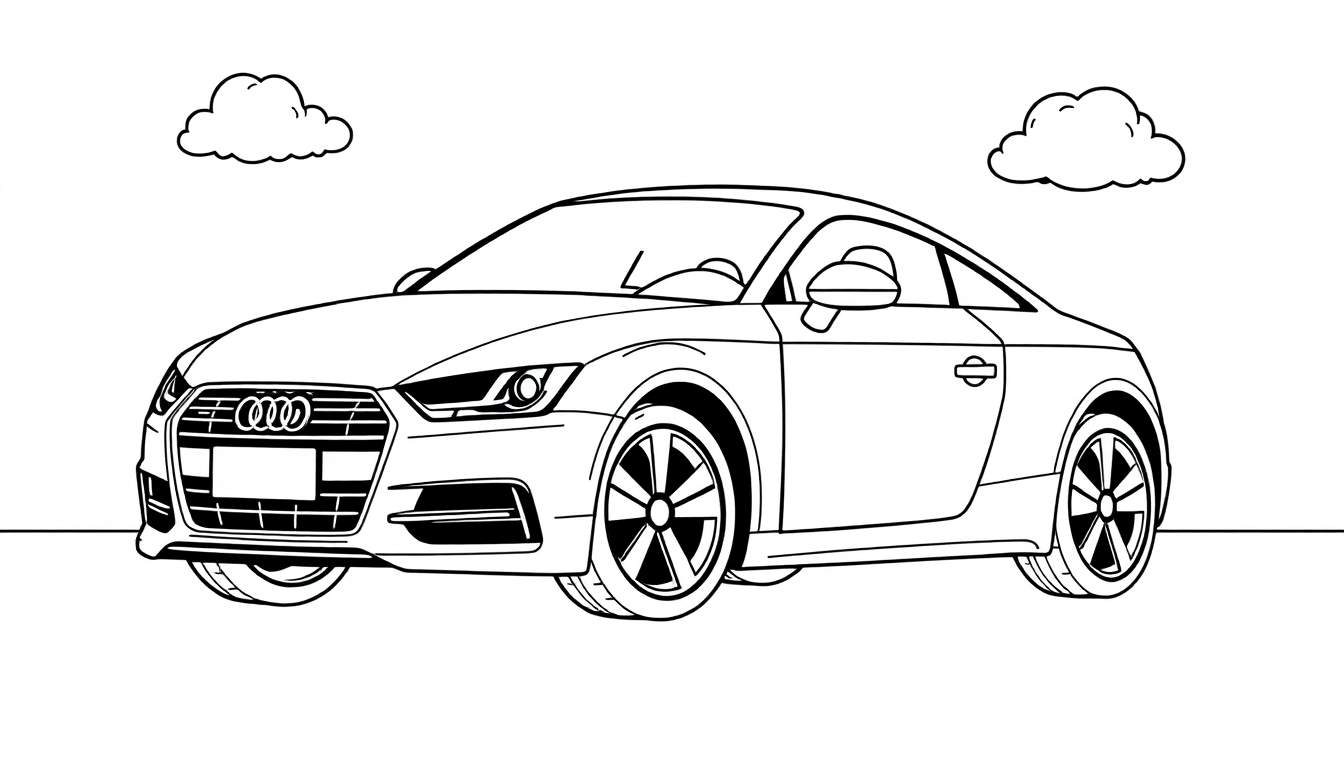 Placa de color de un Audi TT de dos puertas visto de lado y de frente, con detalles de diseño y nubes al fondo.