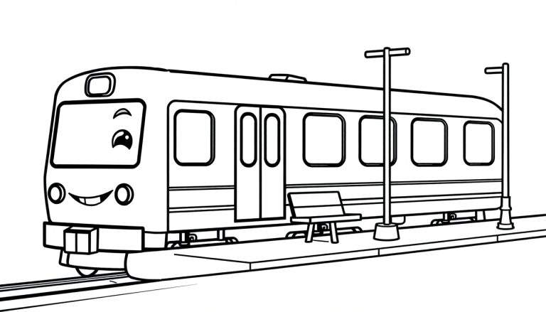 Un tren sonriente de metro en una estación con una placa de color para colorear.