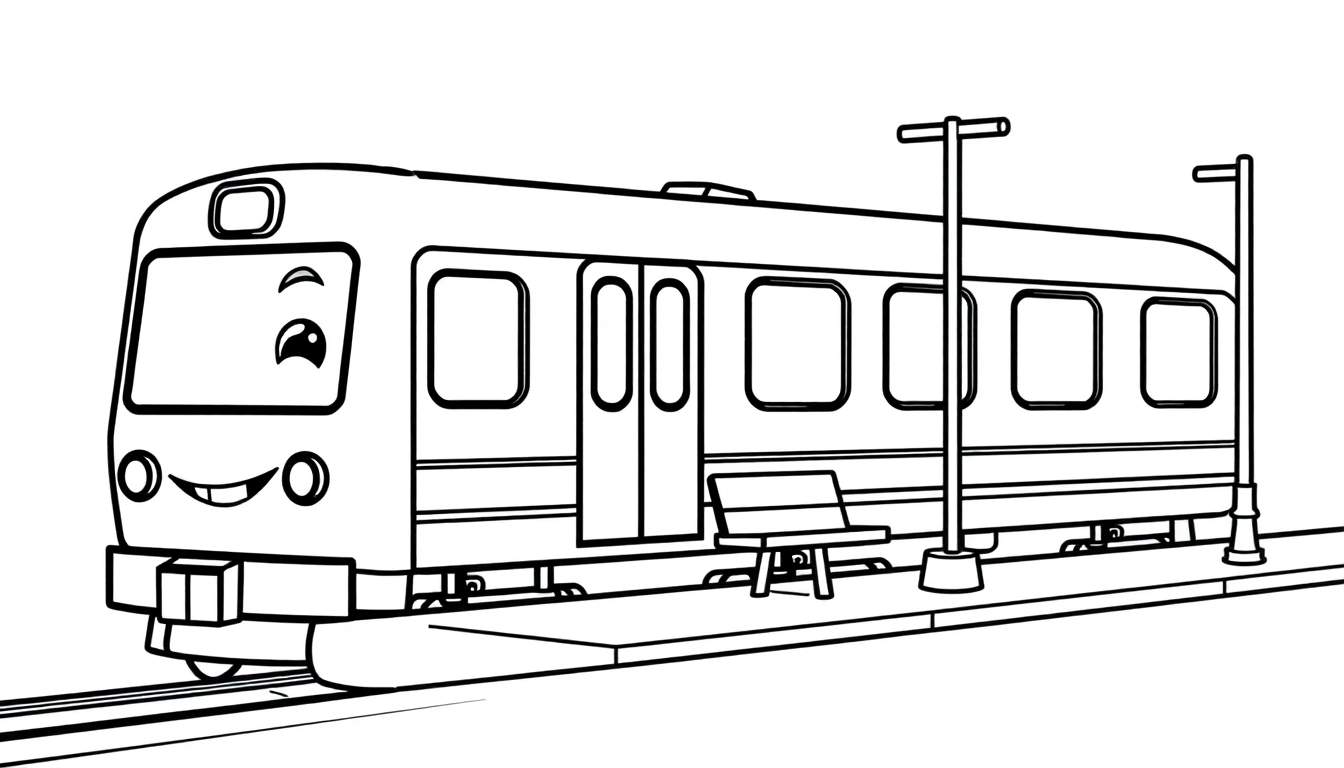 Un tren sonriente de metro en una estación con una placa de color para colorear.