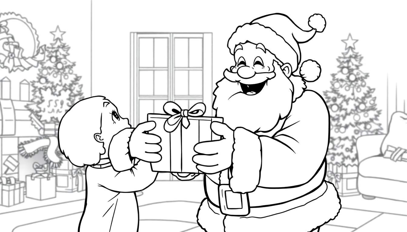 Una placa de color de Papá Noel sonriente dando un regalo a un niño feliz.