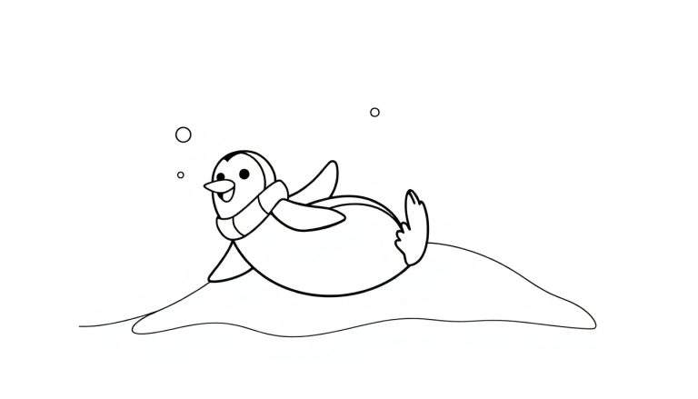Un dibujo lineal de un pingüino deslizándose en la nieve, con una bufanda, listo para ser coloreado. Este es un diseño de placa de color.