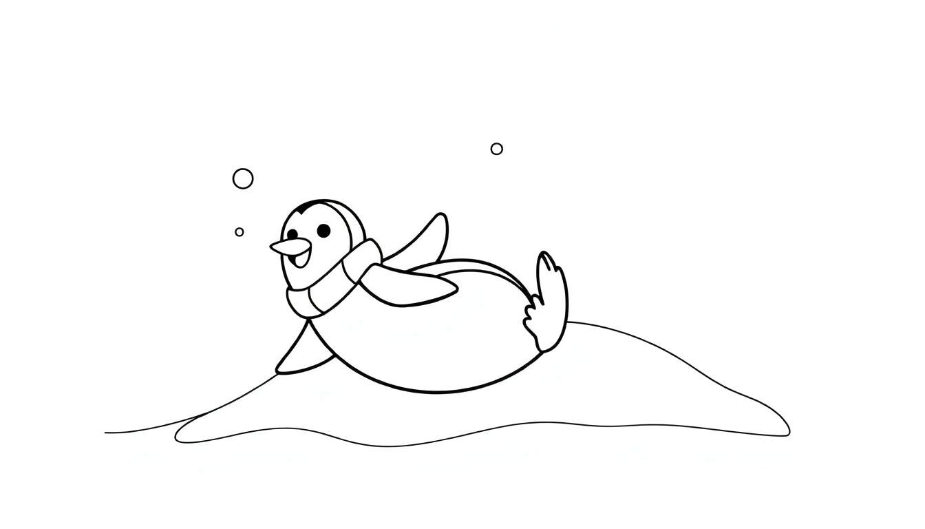 Un dibujo lineal de un pingüino deslizándose en la nieve, con una bufanda, listo para ser coloreado. Este es un diseño de placa de color.