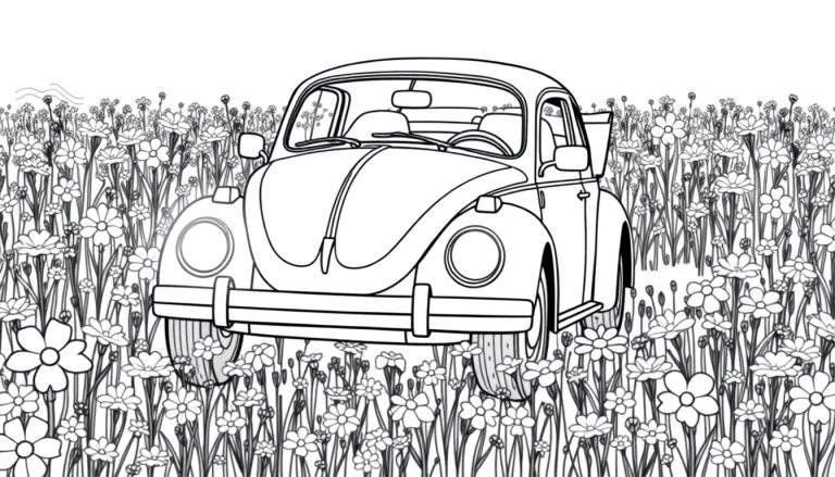 Un Vocho Volkswagen de color listo para pintar rodeado de flores.
