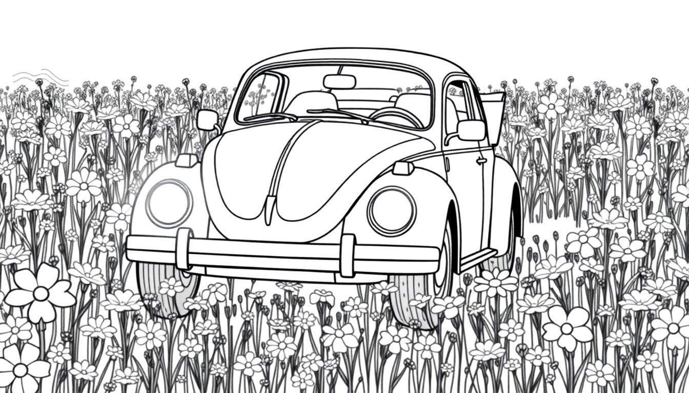 Un Vocho Volkswagen de color listo para pintar rodeado de flores.