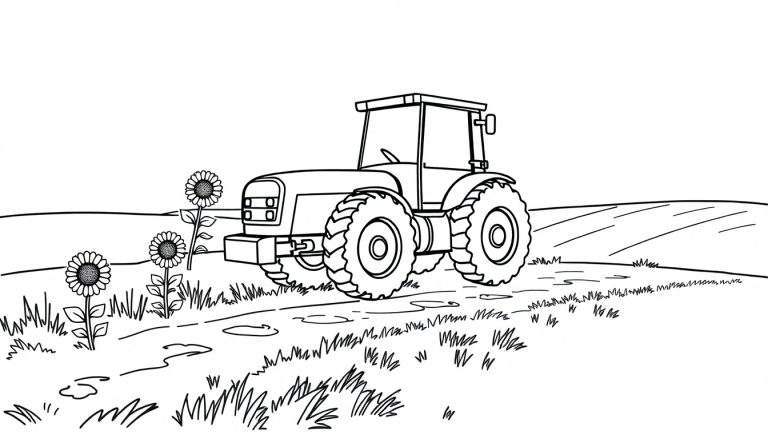 Un tractor de granja listo para colorear, con ruedas grandes y tres girasoles en un campo. Placa de color.