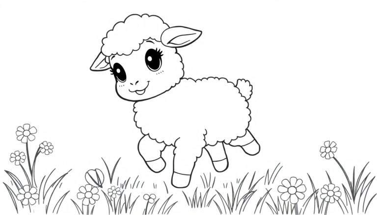 Página para colorear de un corderito feliz entre flores de margarita, lista para ser coloreada.
