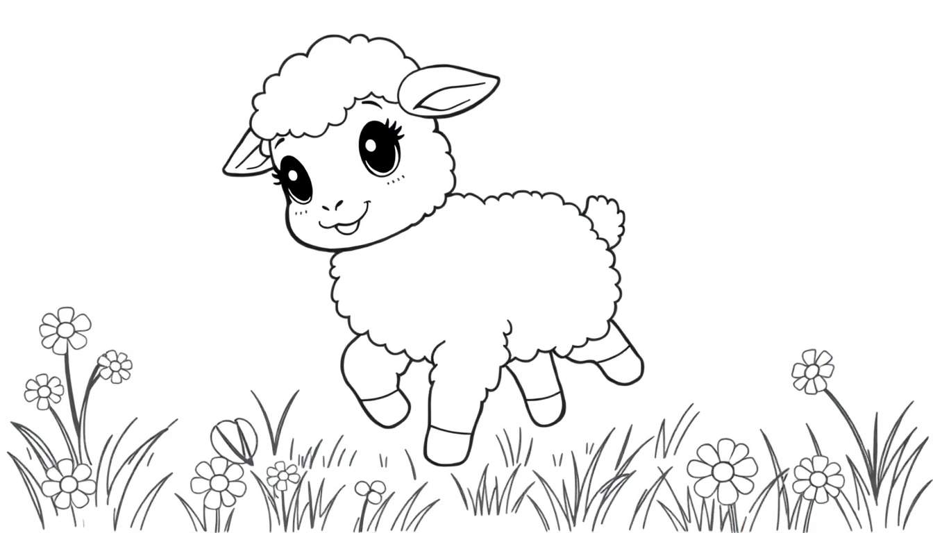 Página para colorear de un corderito feliz entre flores de margarita, lista para ser coloreada.
