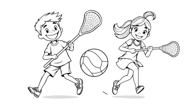 Un niño y una niña jugando al lacrosse, una página para colorear en blanco y negro de la placa de color.
