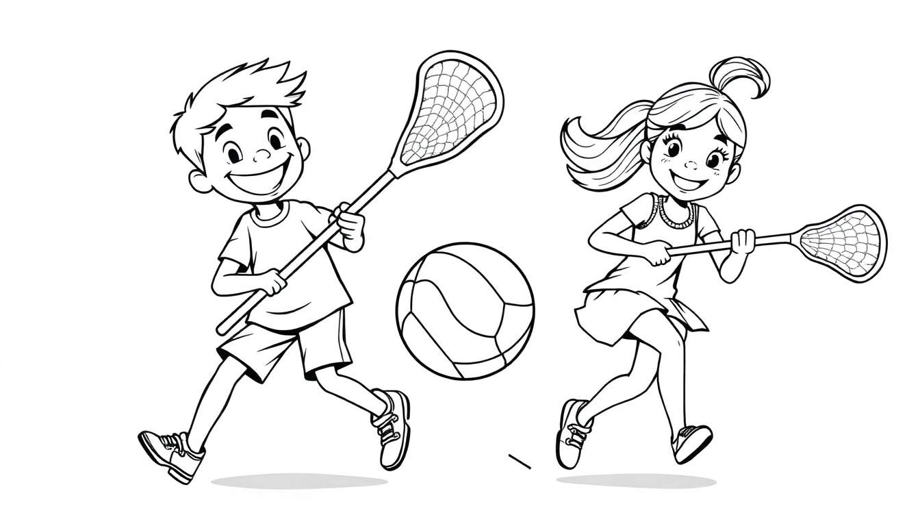 Un niño y una niña jugando al lacrosse, una página para colorear en blanco y negro de la placa de color.
