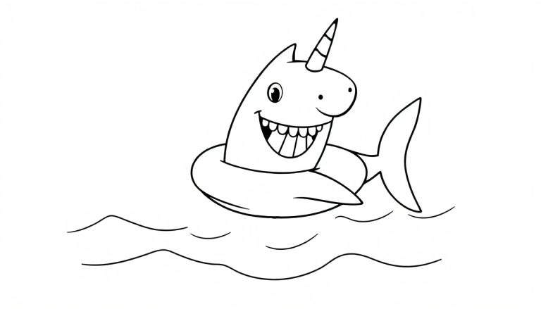 Una placa de color de un tiburón sonriente con un flotador de unicornio.
