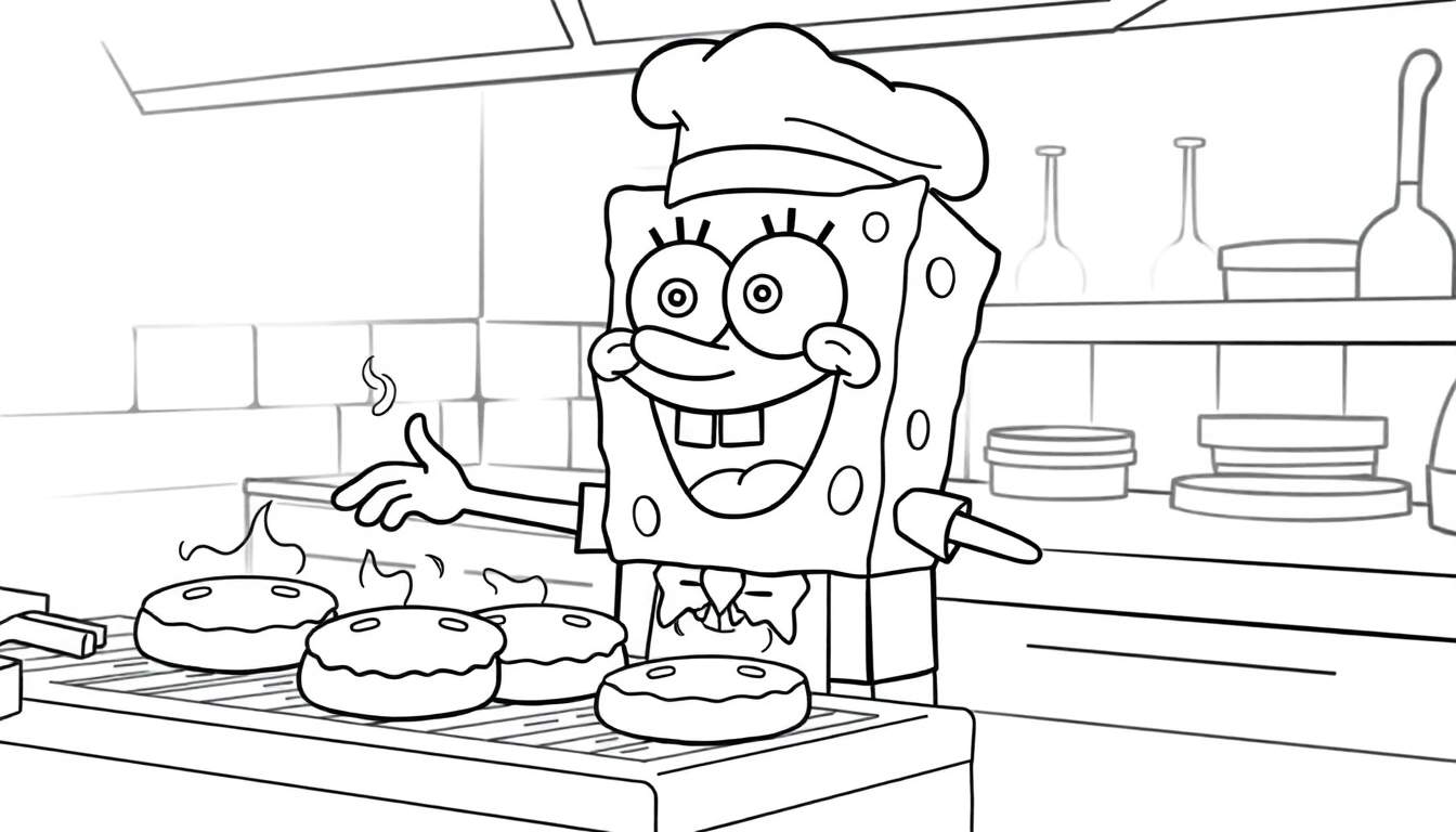 Bob Esponja, chef, cocinando en el Crustáceo Crujiente, listo para servir Cangreburgers, placa de color.