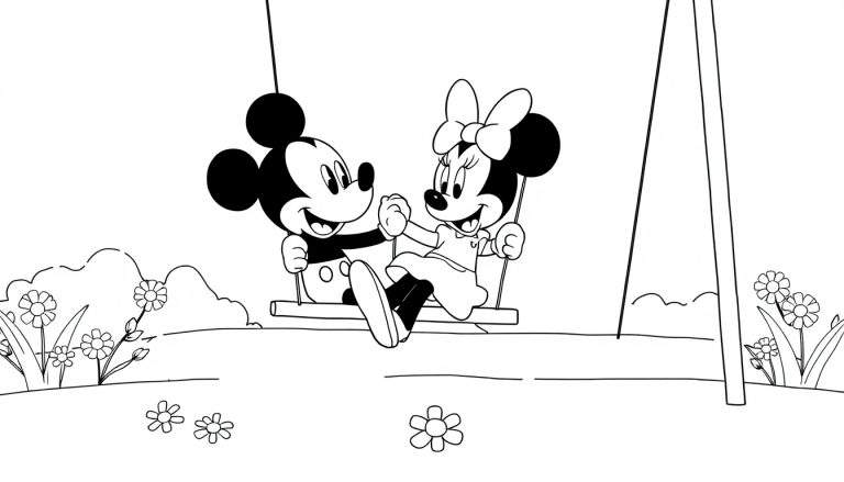 Placa de color de Mickey y Minnie Mouse en un columpio.