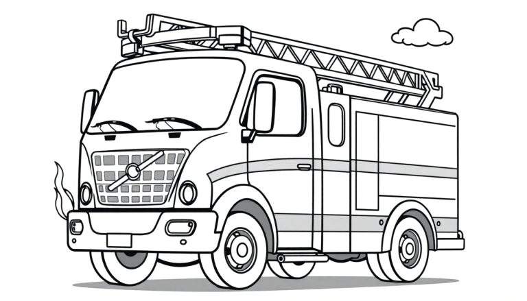 Un camión de bomberos de Volvo dibujado a mano, listo para colorear con su placa de color. Tiene una escalera desplegable y un emblema.