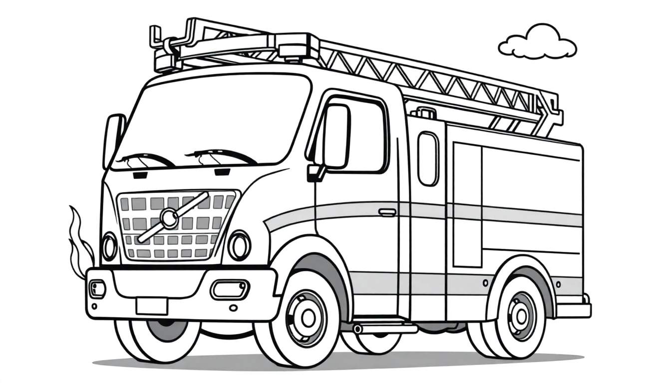 Un camión de bomberos de Volvo dibujado a mano, listo para colorear con su placa de color. Tiene una escalera desplegable y un emblema.