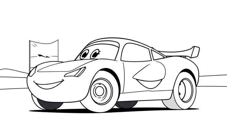 Un coche de carreras sonriente, listo para colorear. Placa de color.