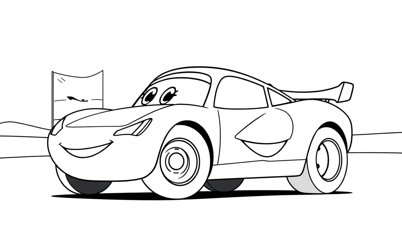 Un coche de carreras sonriente, listo para colorear. Placa de color.