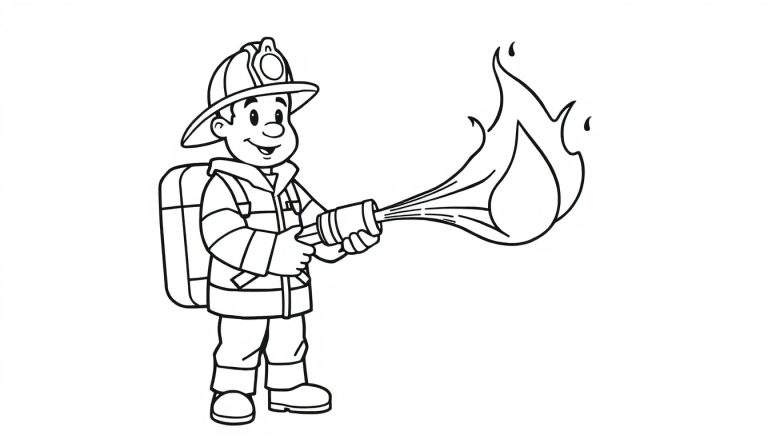Bombero de dibujos animados con su placa de color apagando un fuego con una manguera.