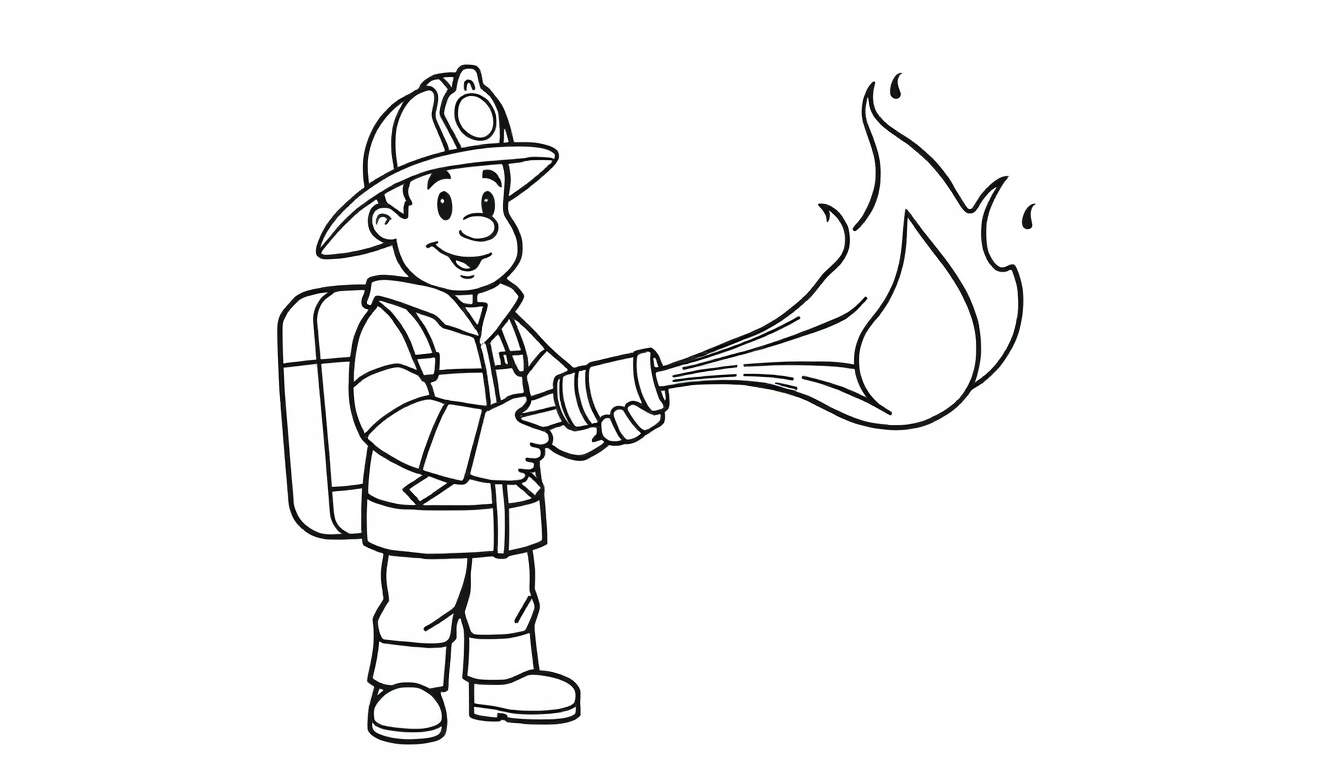 Bombero de dibujos animados con su placa de color apagando un fuego con una manguera.