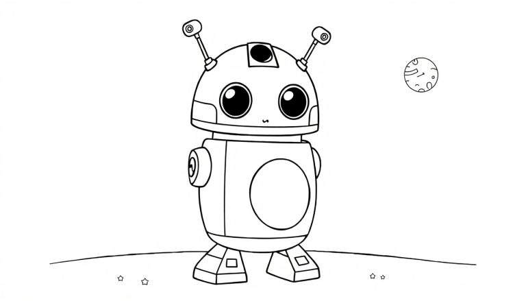 Un robot amigable de dibujos animados de Star Wars con grandes ojos redondos y antenas divertidas, esperando ser coloreado. Placa de color.